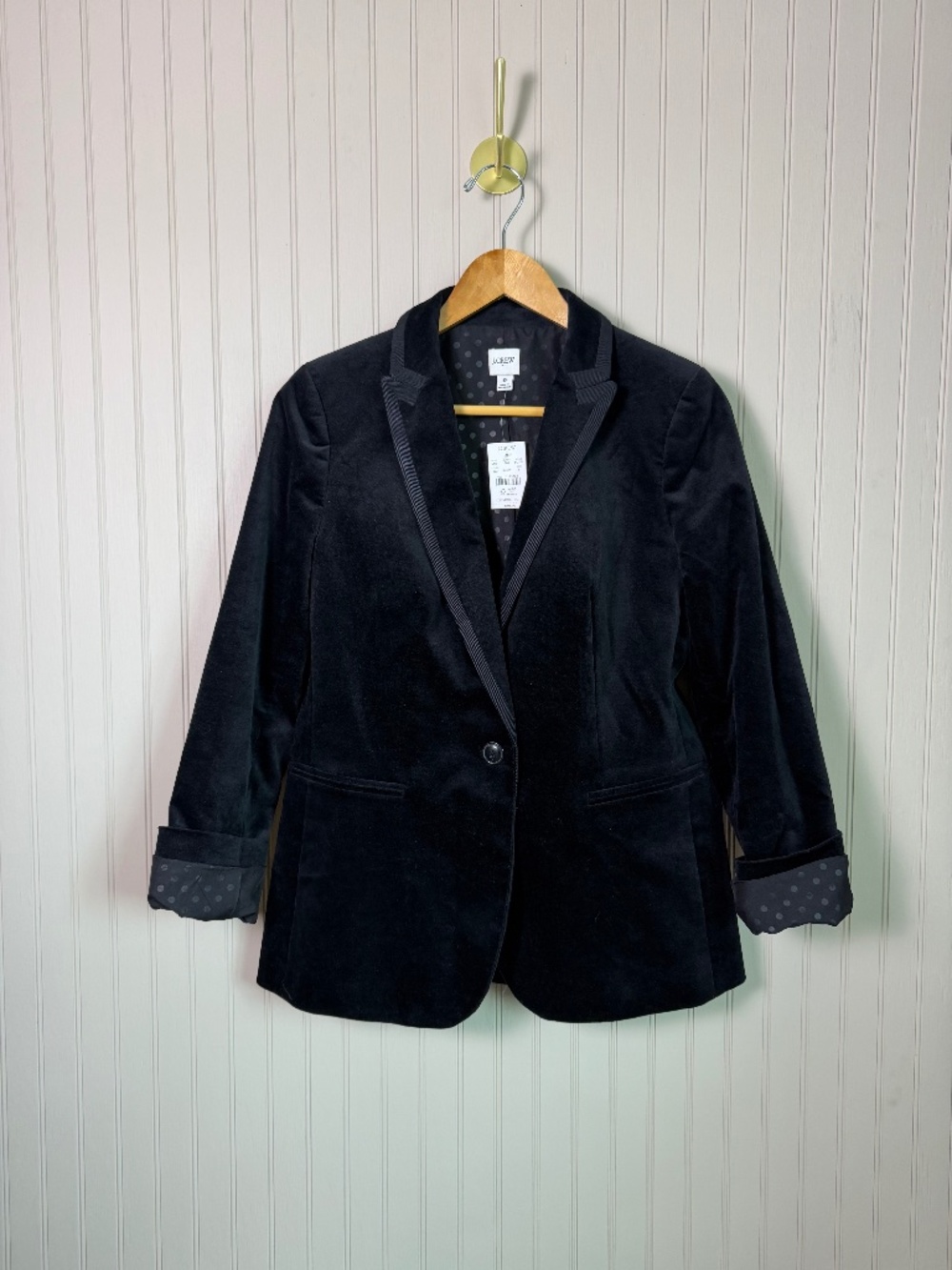 NWT J.Crew Black Velvet Blazer Size 6 Grosgrain Trim Polka Dot Lining